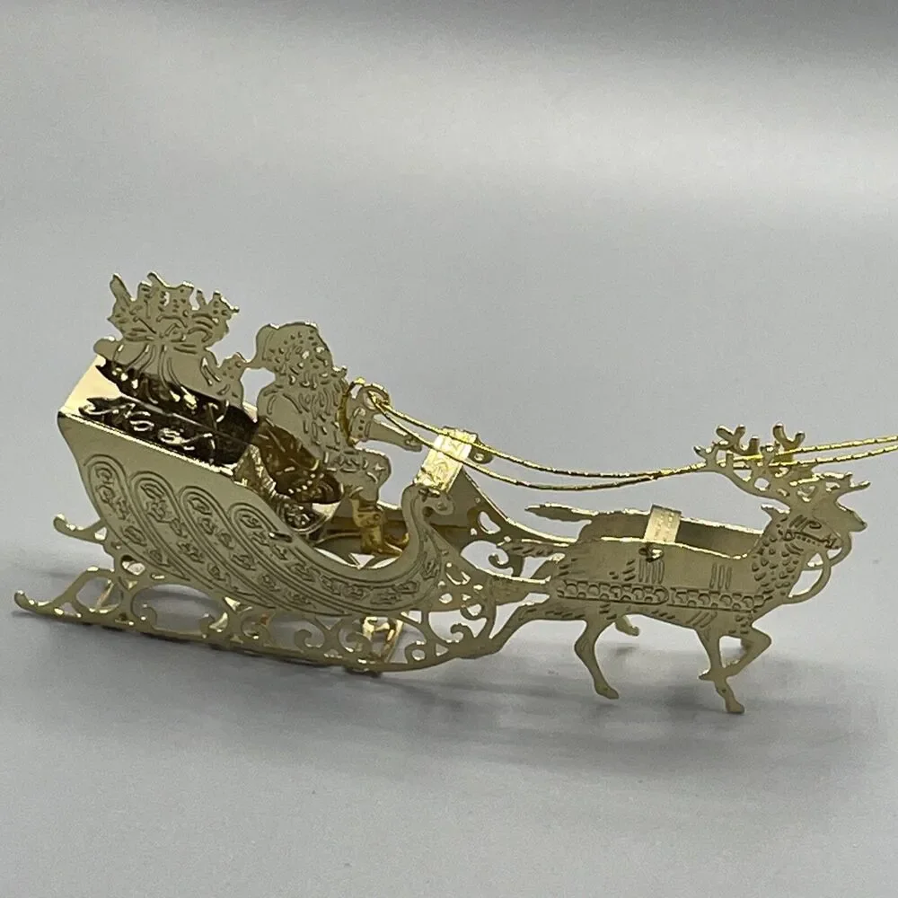 11 Gold Metal Filigree Christmas Ornaments Santa Sleigh Train Tree Snowflake